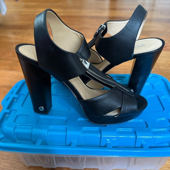 Michael Kors Black Leather Zipper T-strap Heels - Picture 1 of 4